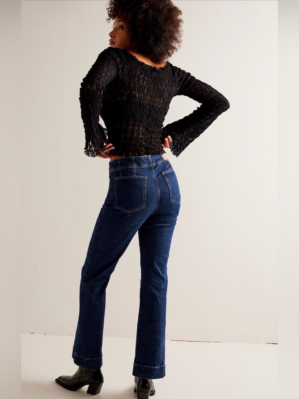 Free People Dark Indigo Flared Leg Jeans with Front Patch Pockets - Picture 11 of 12